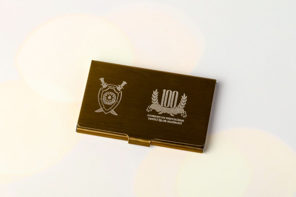 Metal business card holder Ministry of Internal Affairs of Azerbaijan — gold antique, laser-engraved coat of arms and 100th anniversary of MIA, closed