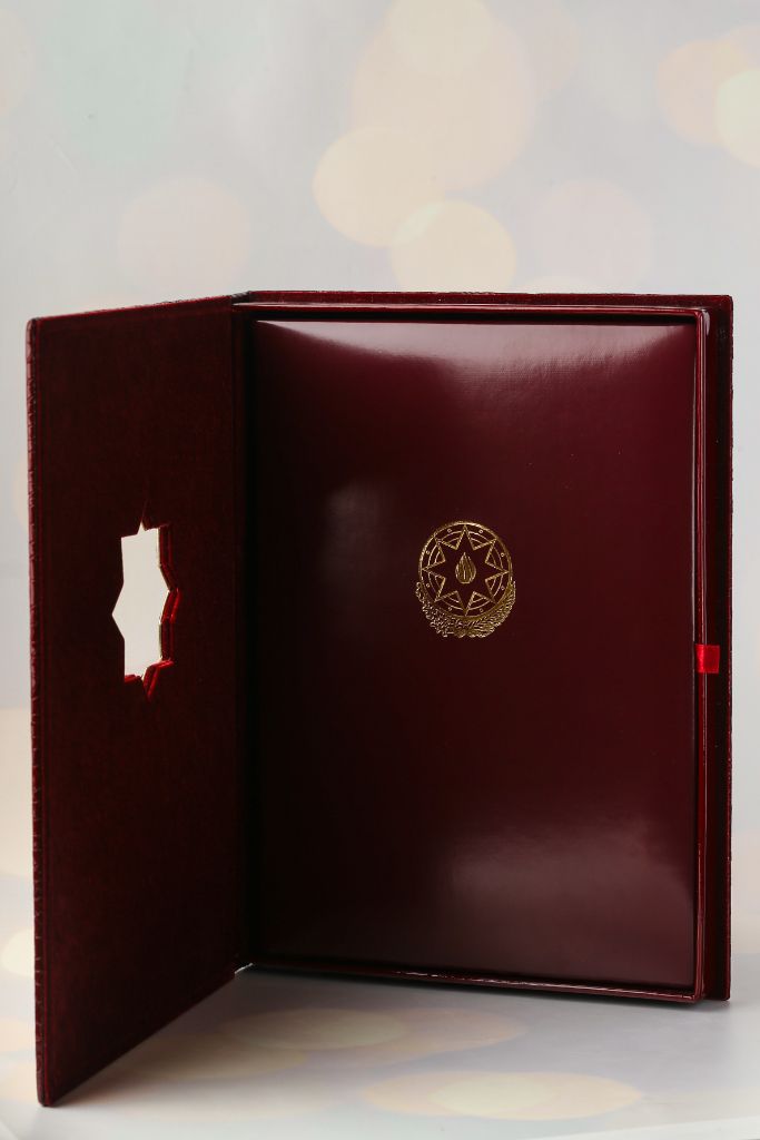 Crocodile folder open — gold coat of arms, red elastic