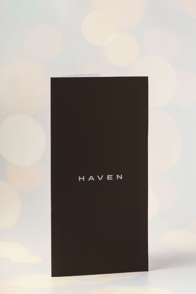 Haven menu cover — black paper cover, silver foil embossing