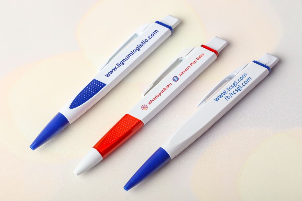 3 plastic pens Lignum Logistic, Alivaria Pub Baku, TCS — white with blue and red details, logo and website