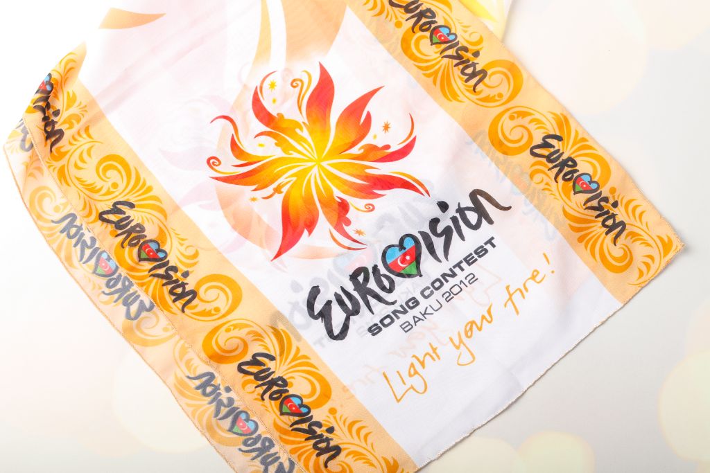 Eurovision Song Contest Baku 2012 scarf — top view, full-colour print, gold ornaments, Light your fire!