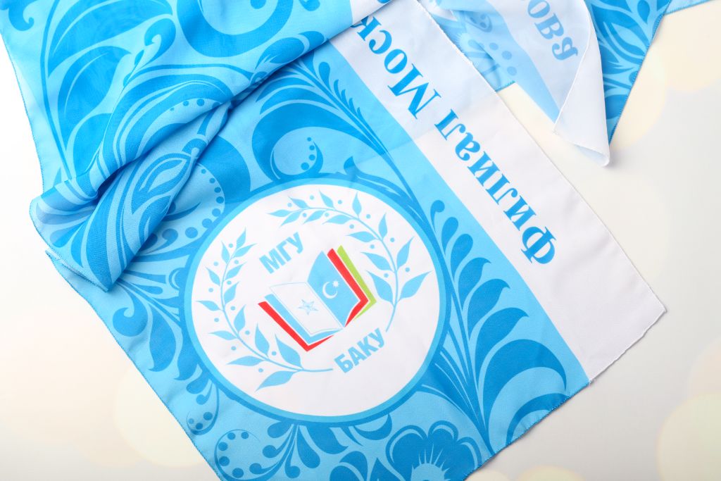 MGU Baku scarf — light blue, Moscow State University logo, sublimation print, close-up