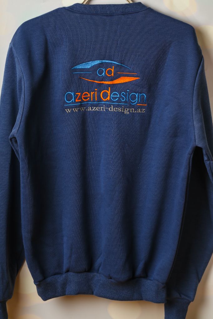 Azeri Design corporate sweatshirt — navy blue, back embroidery, rear view