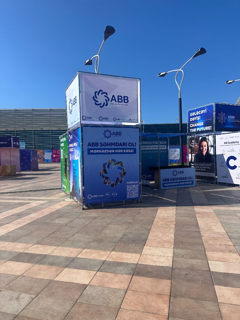 ABB Bank outdoor branded cube stand at Baku ID expo zone