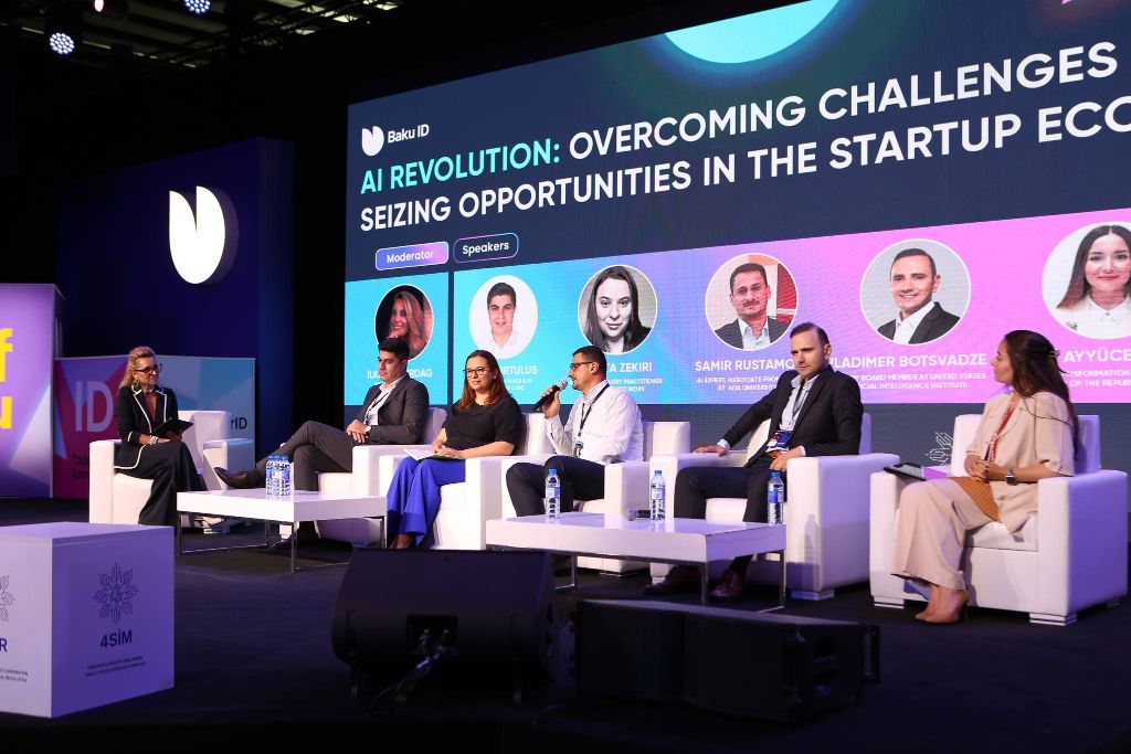 Baku ID panel discussion — AI Revolution startup ecosystem with 6 speakers on stage sofa set