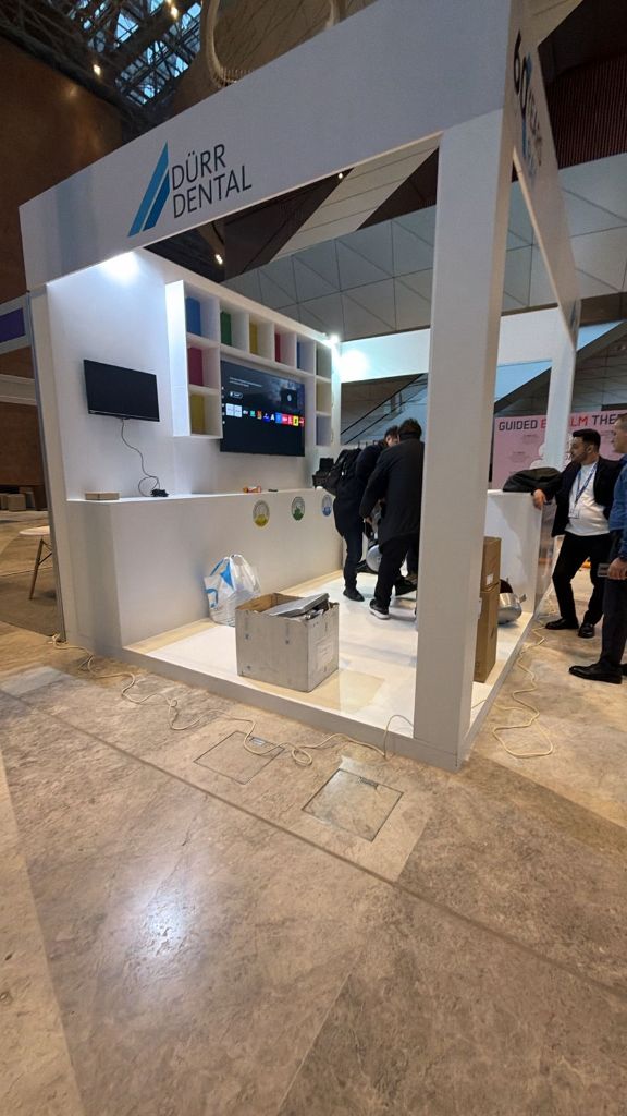 Dürr Dental stand during construction — structure complete, fitting in progress