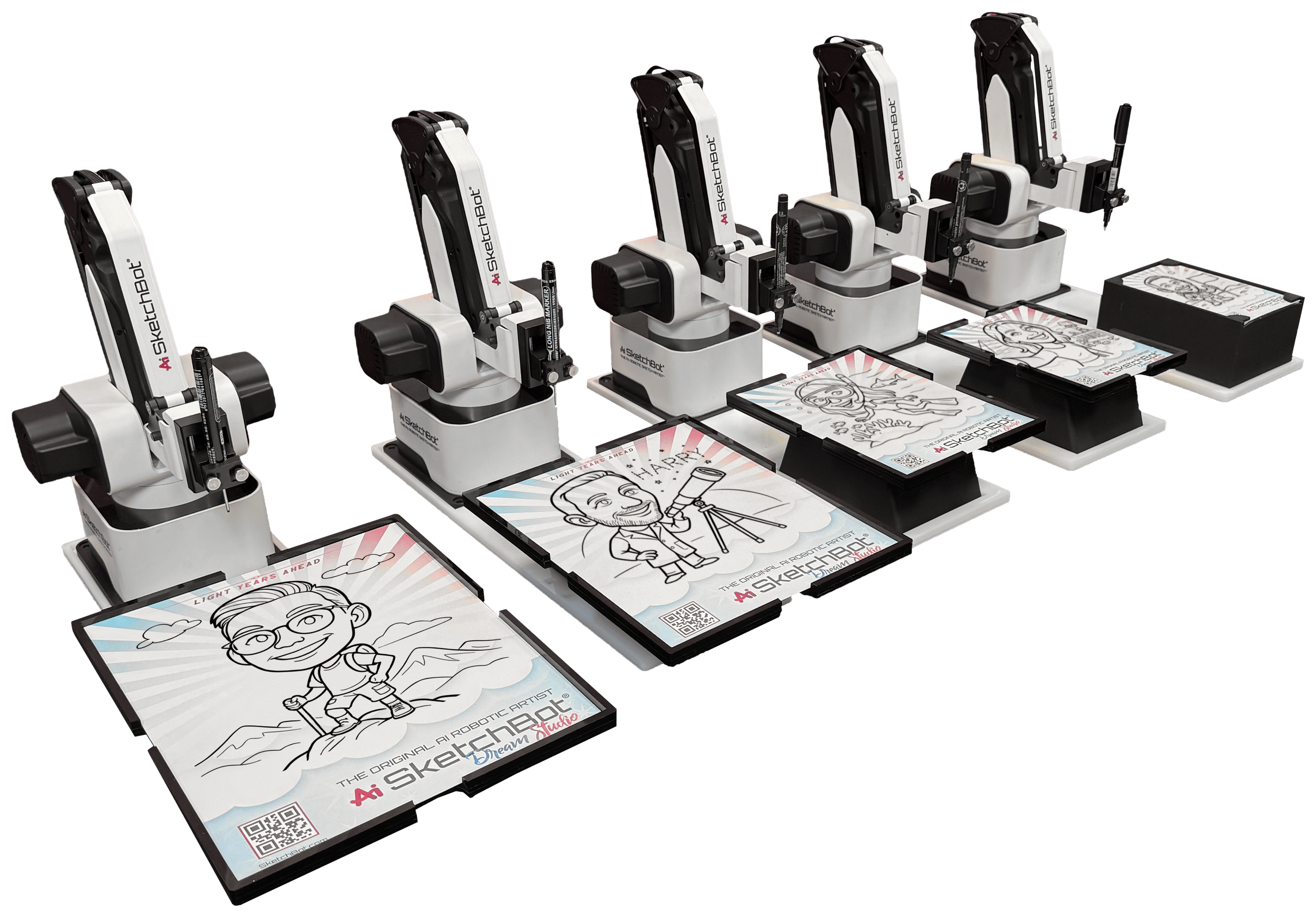 AI SketchBot product demonstration with branded stands