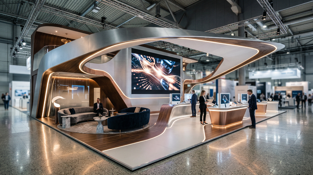 Custom-built luxury exhibition stand with LED lighting and wood accents