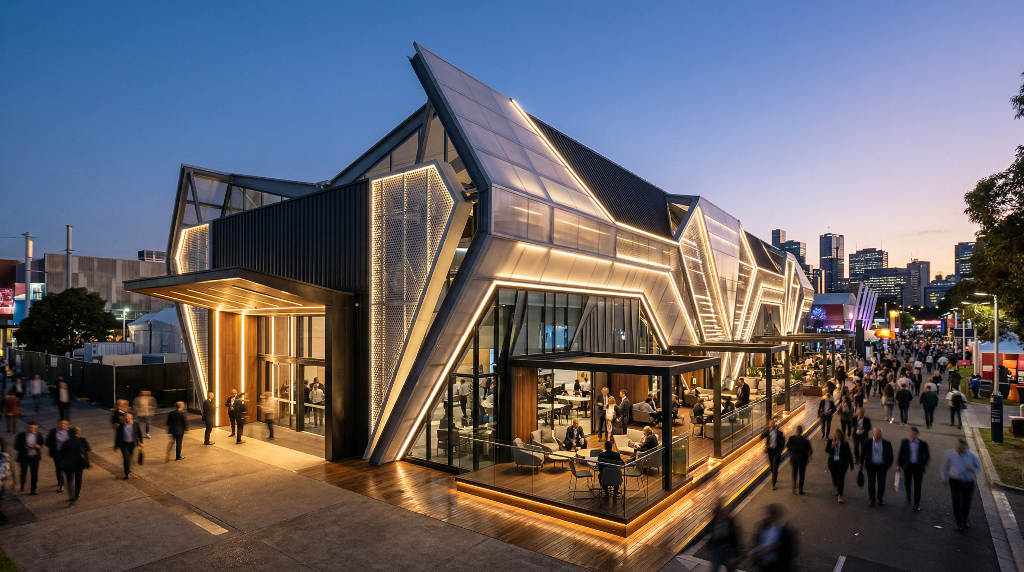 Outdoor exhibition structure — premium multi-storey pavilion with LED lighting at night
